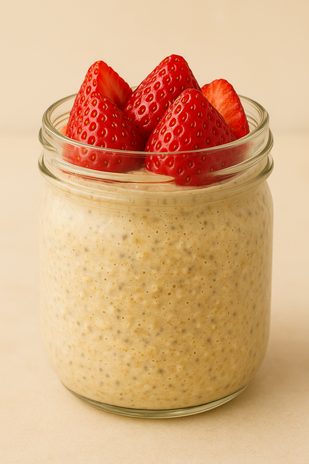 Peanut Powder Overnight Oats with Soy Milk, Strawberries, Greek Yogurt & Extra Chia